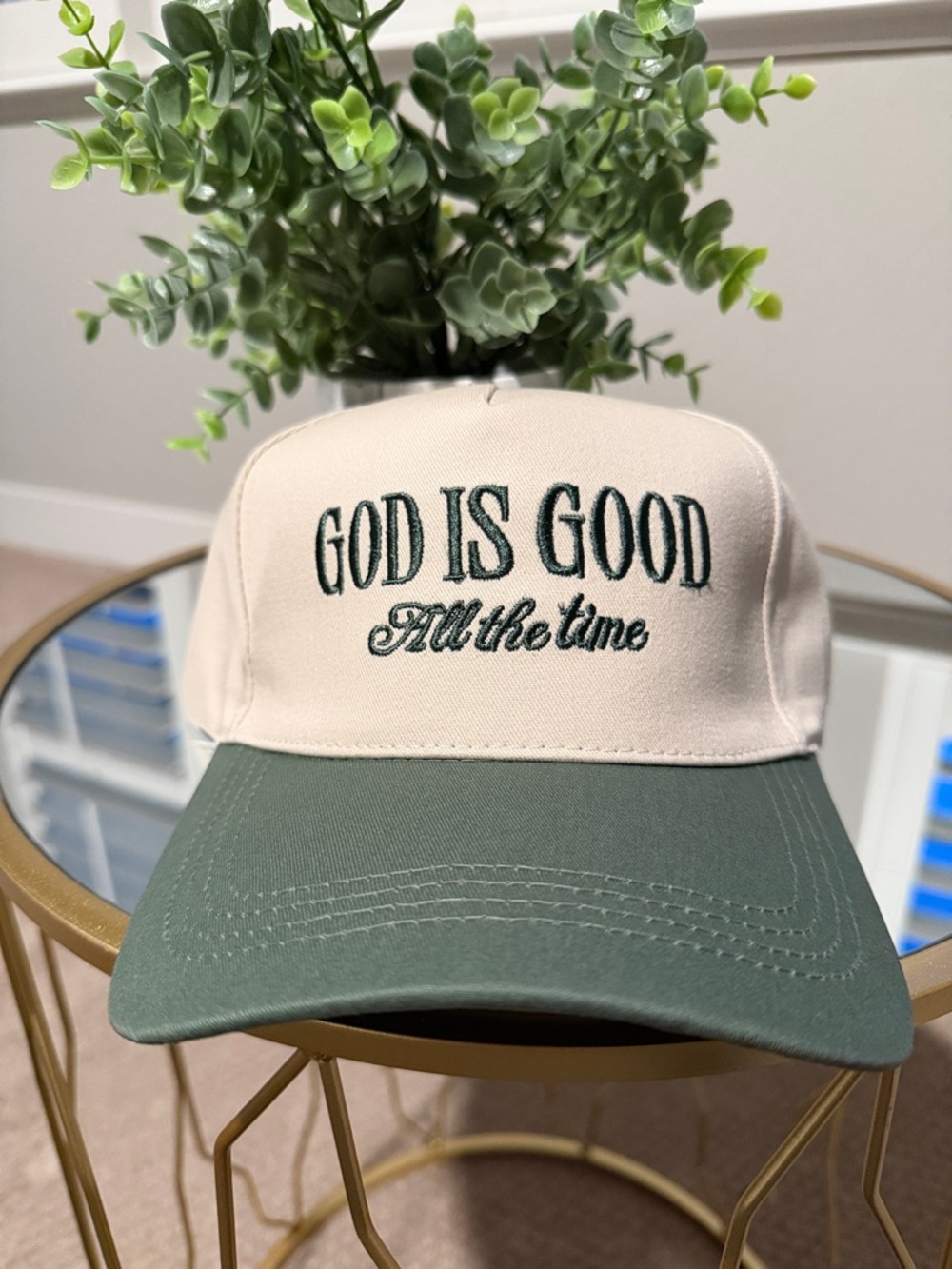 God Is Good All The Time Trucker Hat Cream & Dark Forest Adjustable Cap